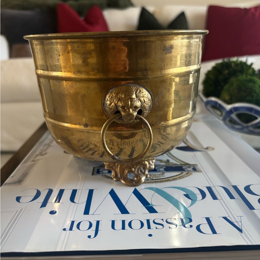 Vintage Brass Lion Head Planter